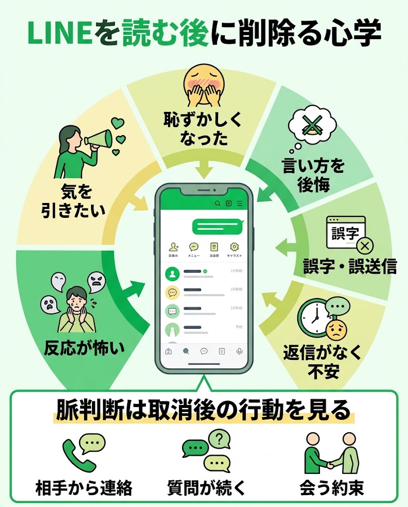 「LINEを既読後に送信取り消しする心理」を一枚で理解できる縦型インフォグラフィック