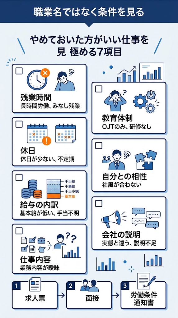 「やめておいた方がいい仕事を見極める7項目」を一枚で理解できる縦型インフォグラフィック