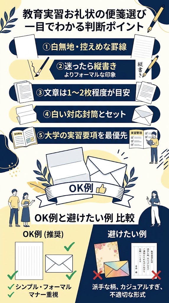 「教育実習お礼状の便箋選び」を一目で判断できる縦長インフォグラフィック
