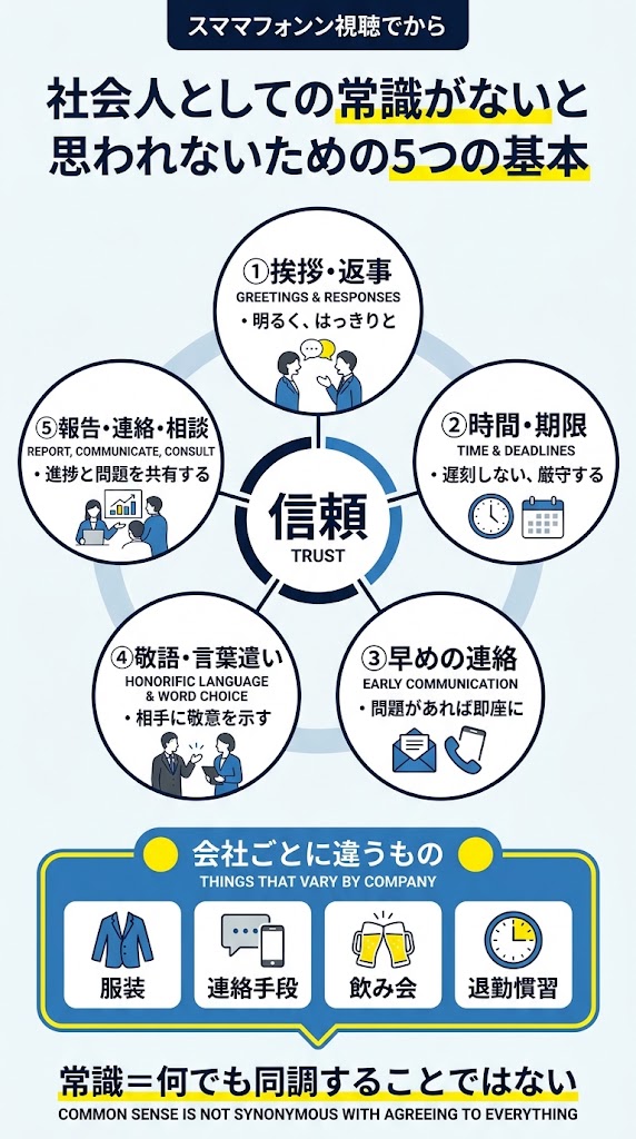 「社会人としての常識がないと思われないための5つの基本」を一枚で説明する日本語インフォグラフィック。
