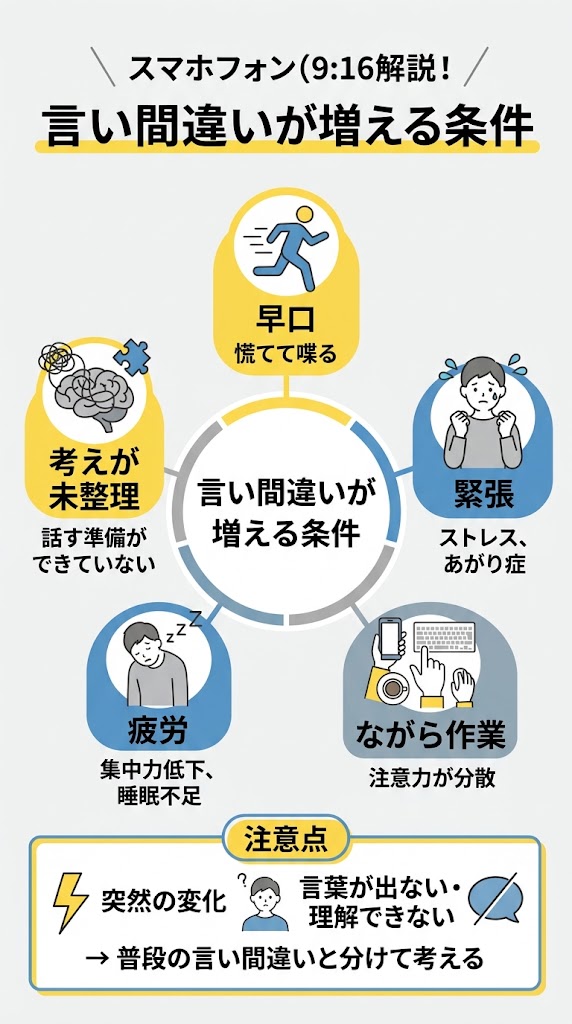 「言い間違いが増える条件」を中央に置き、周囲に「早口」「緊張」「ながら作業」「疲労」「考えが未整理」の5要因をアイコン付きで配置