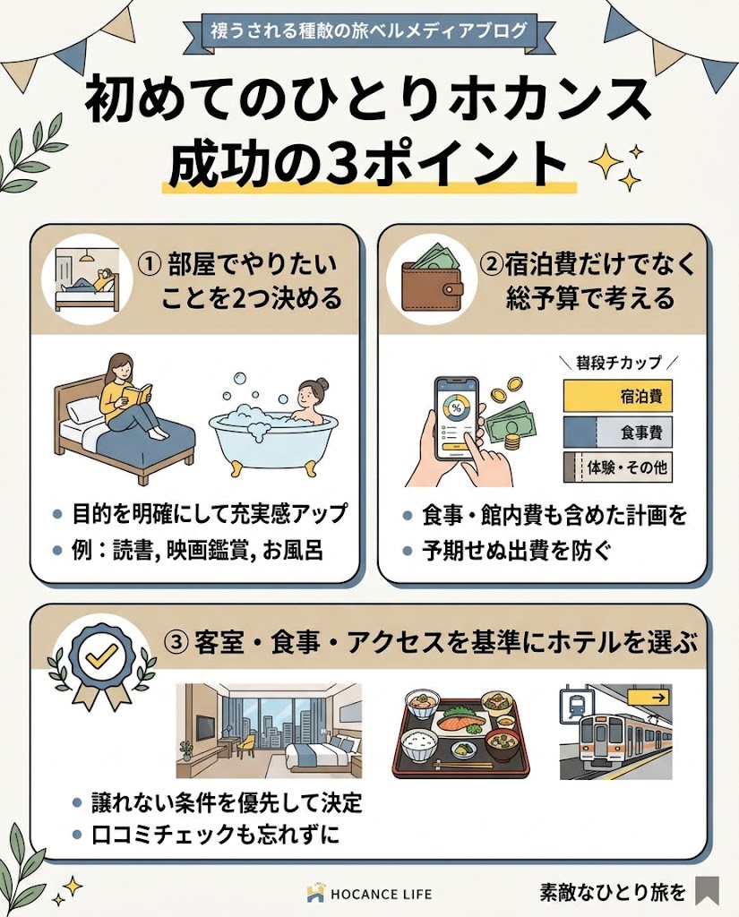 『初めてのひとりホカンス成功の3ポイント』を説明する日本語インフォグラフィック