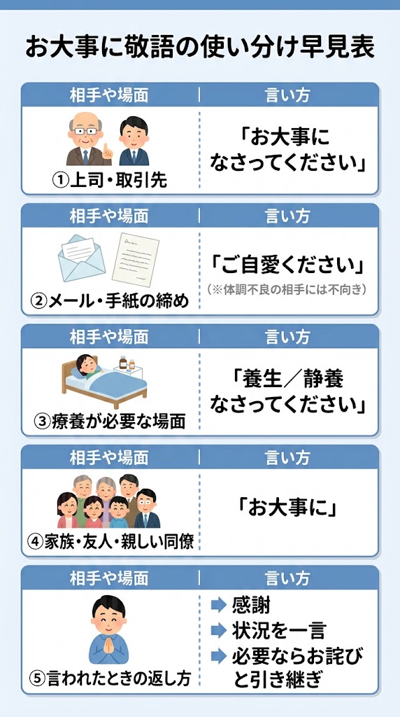 お大事に敬語の使い分け早見表」の図解