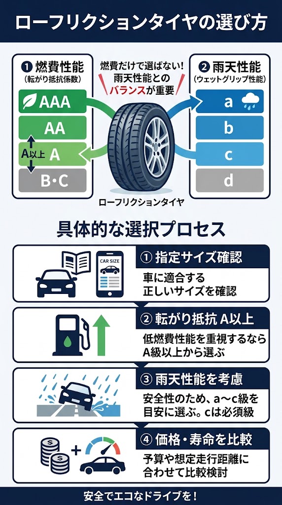 ローフリクションタイヤの選び方を1枚で説明する日本語インフォグラフィック