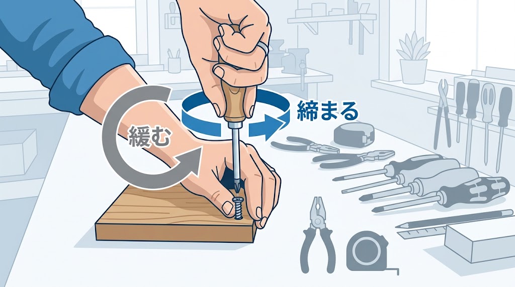 中央にネジとドライバーのシンプルなイラスト