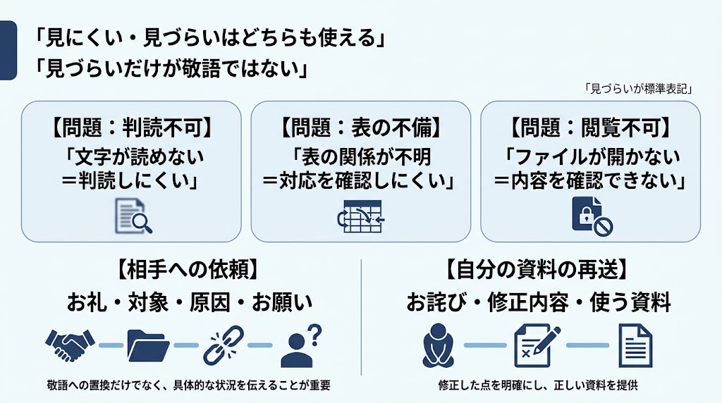 「見にくい・見づらいはどちらも使える」「見づらいだけが敬語ではない」