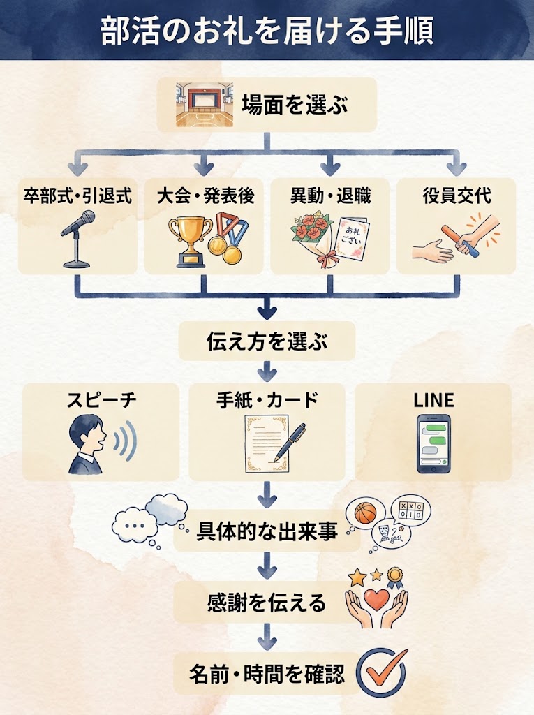 「部活のお礼を届ける手順」を置き、その下に「場面を選ぶ」を配置