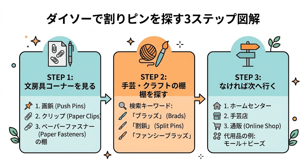 『ダイソーで割りピンを探す3ステップ』の図解