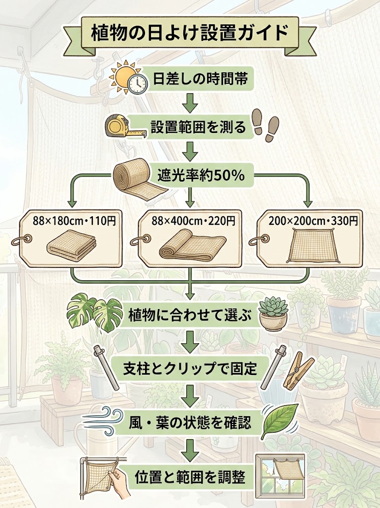 上から下へ進む植物の日よけ設置フロー図