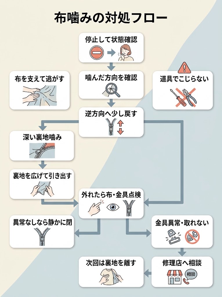 布を噛んだファスナーへの対処を、上から下へ進む縦型の判断フローチャートとして図解