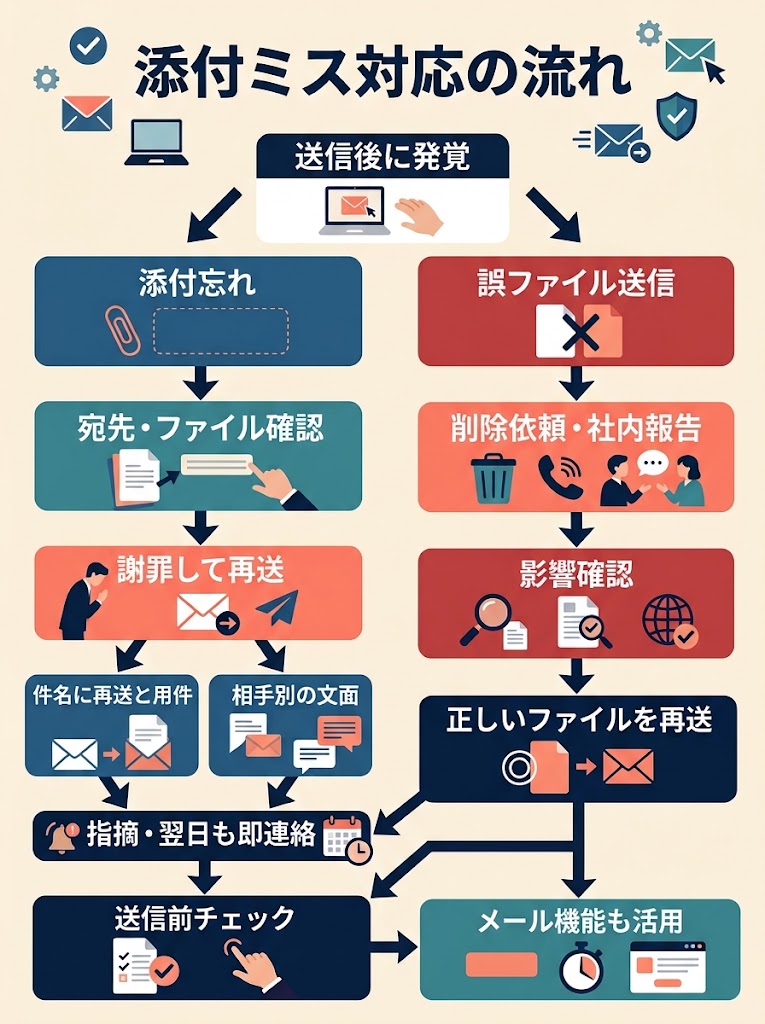 添付忘れと誤送信の対応を俯瞰できる縦型のフローチャート図解