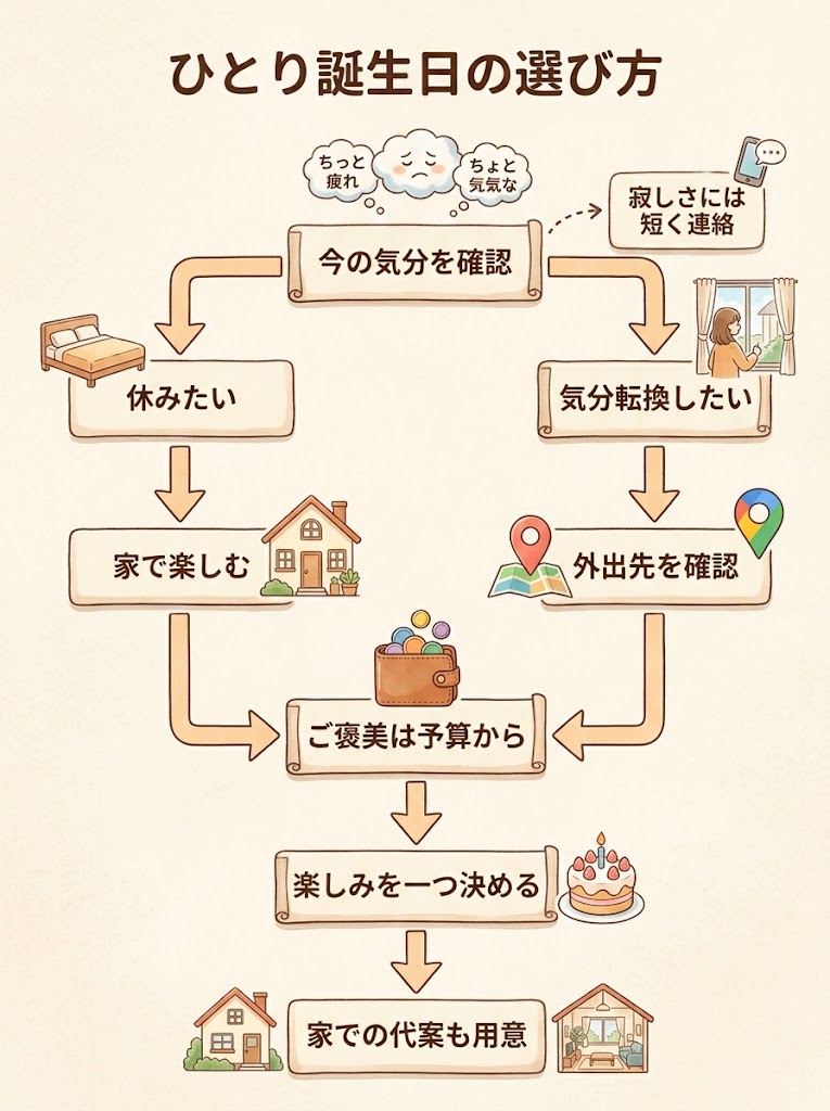 誕生日をひとりで過ごすときの選び方を俯瞰できる、縦長の判断フローチャート