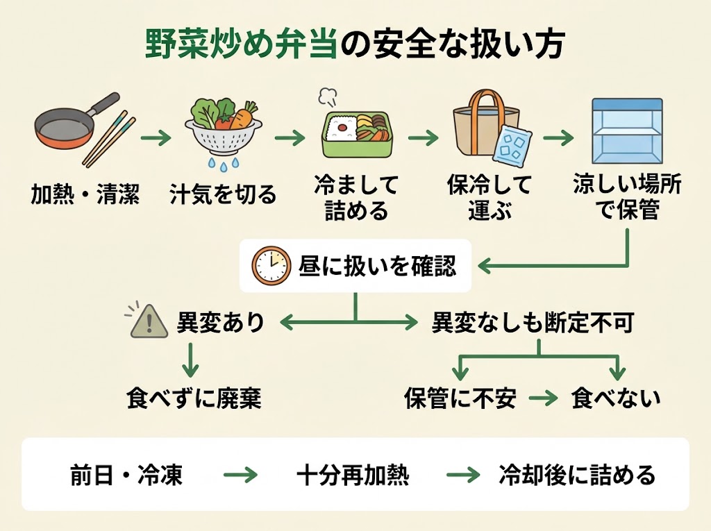 野菜炒め弁当の扱い方を俯瞰する、横長の手順フロー図