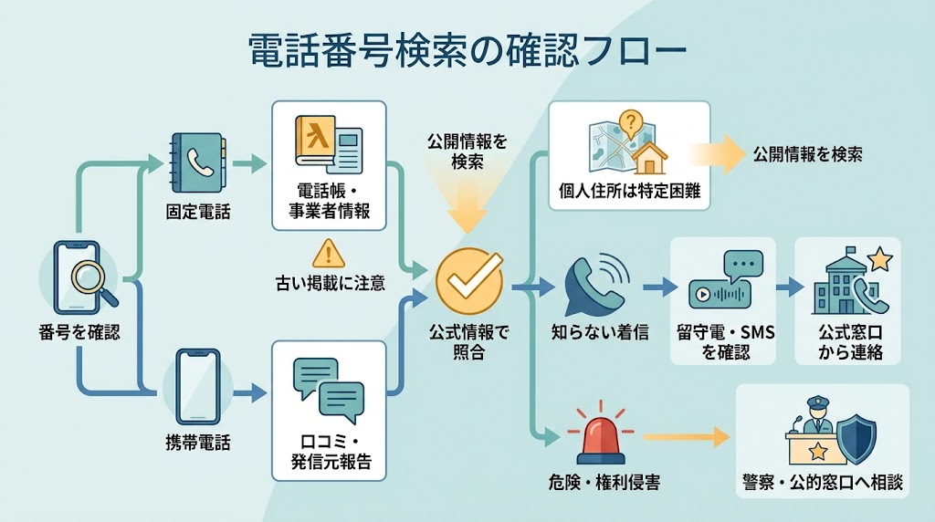 電話番号を調べるときの判断から安全な対応までを俯瞰する、横長の判断フローチャート